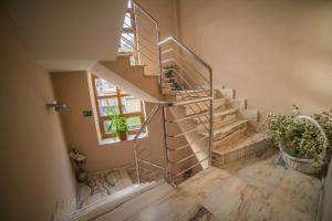 eine Wendeltreppe in einem Haus mit Topfpflanzen in der Unterkunft Hotel las Cruces in Belmonte de Miranda