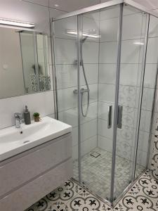 y baño con ducha acristalada y lavamanos. en COZY Nest apartment in Kaunas, en Kaunas