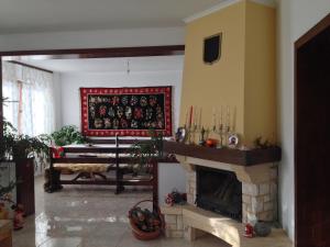 Una sala de estar con chimenea y una alfombra roja. en Casa Renti, en Novaci-Străini