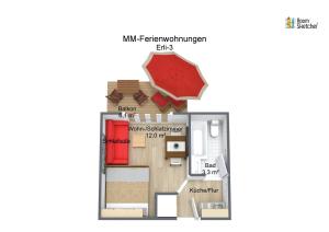 planta de un pequeño apartamento con habitación en Ferienwohnungen Haus Erli, en Mittenwald