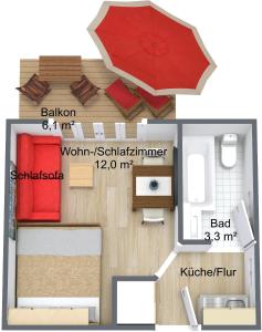 a floor plan of a small apartment with a red umbrella at Ferienwohnungen Haus Erli in Mittenwald