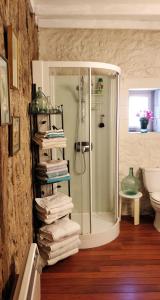 a bathroom with a shower and a stack of towels at Les Glycines Bed & Breakfast in Eymet