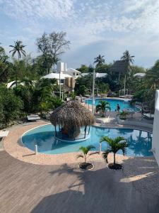 a large swimming pool with palm trees in a resort at Bon Jesus Hotel in Costa Esmeralda