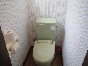 a bathroom with a white toilet in a room at Pension Marionette in Hakuba