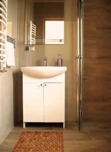 een badkamer met een witte wastafel en een douche bij Apartamenty-Obok in Zator