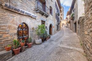 an alley in an old town with potted plants at Apartamentos Casa Rivera in Aínsa