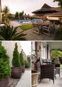 two pictures of a patio with a table and chairs at Colonial Court Motor Inn in Tauranga