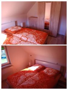 - une chambre avec 2 lits et une fenêtre dans l'établissement Ferienwohnung Rothen-Adler, à Breitenbrunn/Erzgeb.
