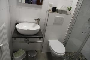 a small bathroom with a sink and a toilet at Apartment am Kurpark in Sankt Andreasberg