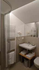 a bathroom with a sink and a mirror and a toilet at Pension Tirol in San Valentino alla Muta +9 photos