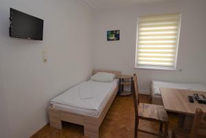 Cette chambre comprend un lit, une table et une télévision. dans l'établissement Nürtingen Zimmer mit Gemeinschaftsräumen, à Nürtingen