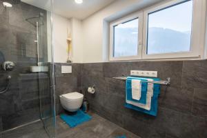 a bathroom with a toilet and a glass shower at Ferienwohnung Trocker in Krimml