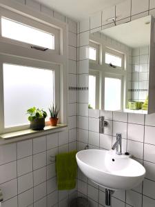 a white bathroom with a sink and a mirror at Apartment De Vliegenzwam in Oostwoud