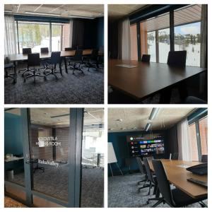 four pictures of a meeting room with a table and chairs at RukaValley Unique47 Ski In - Ski Out in Ruka
