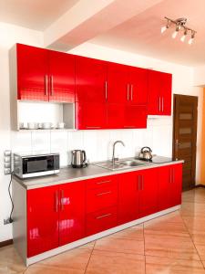 uma cozinha vermelha com um lavatório e armários vermelhos em Dom u Kasi em Podwilk