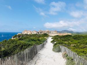 un camino que conduce a un castillo en una colina junto al océano en résidence Monte leone, en Bonifacio