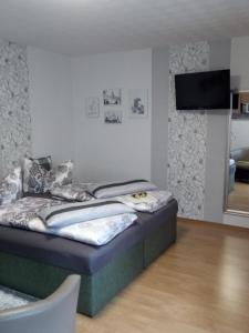a bedroom with a bed and a flat screen tv at Ferienwohnung Helmis in Bad Frankenhausen