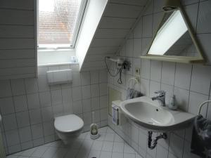 a bathroom with a sink and a toilet and a window at Ferienwohnung Frieda in Nüdlingen