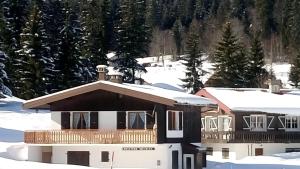 a house in the snow with snow at CHALET LES EPILOBES in Lamoura