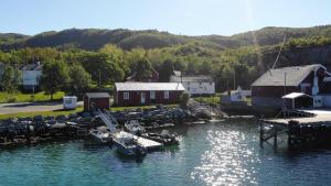 a marina with boats in the water next to houses at Adventure Senja in Skrollsvika +27 photos