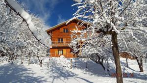 uma cabana de madeira na neve com árvores cobertas de neve em Chambre d'Hôtes Barnabas em Saint-Martin-de-la-Porte