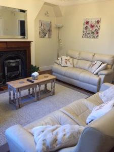 a living room with two couches and a fireplace at Glenbrae House 3 bedrooms near Nantwich with countryside views on private driveway in Nantwich