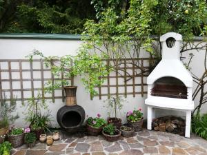 a garden with a pizza oven and potted plants at Fancy Luxury Home In Former Tavern in Gmunden