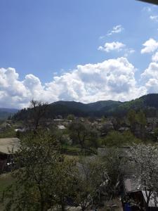 a view of a town with trees and mountains at SEVEN HOUSE in Covasna