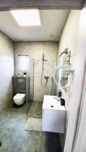 a bathroom with a shower and a sink and a toilet at Gąski Baltic Lark Dom 100m2 3 sypialnie 2 łazienki Sauna Prywatny teren in Gąski +17 photos