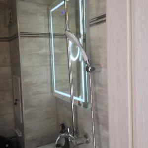 a shower with a glass door and a sink at NORTH PARK SUITE in Sofia