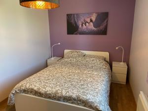 a bedroom with a bed with two night stands and two lamps at Le 38, gite 2 chambres proche commerces in Saché