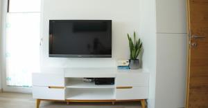 Televízia a/alebo spoločenská miestnosť v ubytovaní Berg' & Bluamen Appartements Stubai