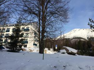 a building in the snow with a snow covered mountain at Apartman Bery, Vysoké Tatry in Starý Smokovec