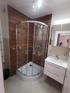 y baño con ducha y lavamanos. en Apartament KAKADU en Konin