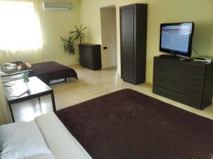 een woonkamer met een bed en een flatscreen-tv bij Old Town Apartments in Kamjanets-Podilsky
