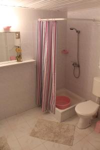 uma casa de banho com uma cortina de chuveiro e um WC em Domek Letniskowy nad Jeziorem Tumiany em Bartołty Wielkie