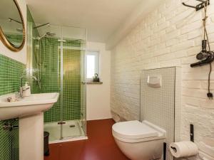 La salle de bains est pourvue de toilettes, d'un lavabo et d'une douche. dans l'établissement Hof Lewin, à Dargen