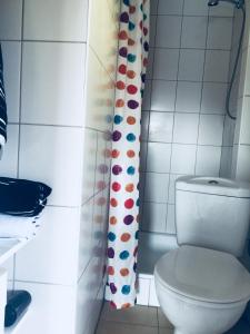 La salle de bains est pourvue de toilettes et d'un rideau de douche. dans l'établissement Domek letniskowy "Domek w zieleni" Kaszuby, à Łapino