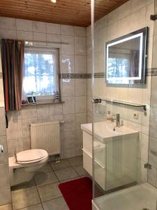 a bathroom with a sink and a toilet and a window at Ostsee Apartments Salzhaff in Zweedorf