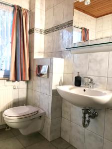 y baño con aseo y lavamanos. en Ostsee Apartments Salzhaff, en Zweedorf