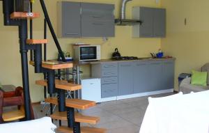 a kitchen with gray cabinets and a counter top at Agroturystyka Pod Lipą in Iwaniska