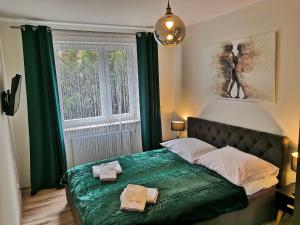 a bedroom with a bed with green sheets and a window at Apartament KAKADU in Konin