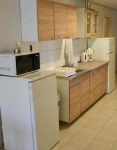 W kuchni znajduje się biała lodówka i kuchenka mikrofalowa. w obiekcie Tihany Község Önkormányzat - Ifjúsági Szállás w Tihany