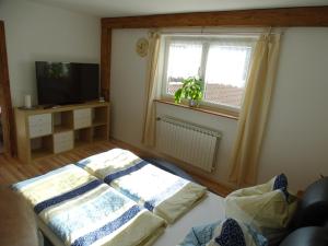 a living room with a bed and a window at Ferienwohnung Anna in Inzell