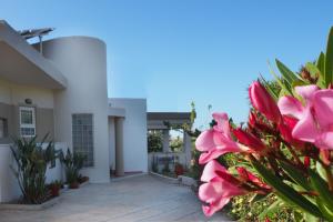una casa con fiori rosa di fronte di Olive House a Mália