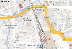 松本松本背包客旅馆的带有红色标记的城市地图 更多2张照片