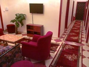 un salon avec une chaise violette et une télévision dans l'établissement Hostel M, à Belgrade