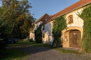un edificio cubierto de hiedra con un garaje en el lateral en Penzion Vinicky dvůr, en Kaplice