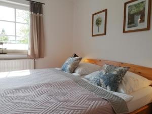 een slaapkamer met een bed met kussens en een raam bij Boddenhus auf Rügen - Ferienwohnungen und Pension in Rappin