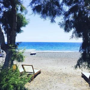 una playa con una silla y un árbol y el océano en The Boathouse Hotel en Kamari